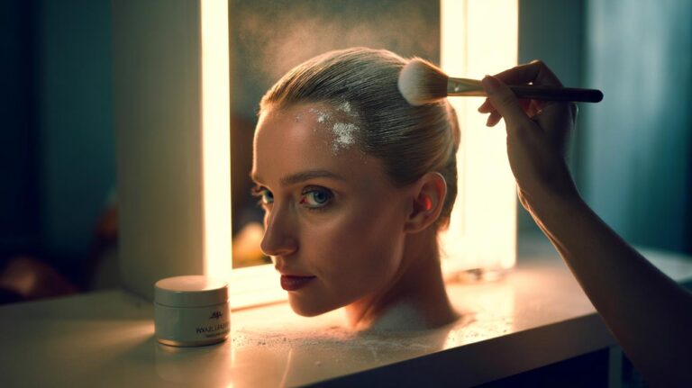 Illustration of applying baby powder to hair roots for three-day volume without dry shampoo buildup