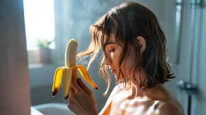 Illustration of a person rubbing the inner side of a banana peel along frizzy hair to smooth it without irons