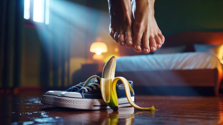 Illustration of [a banana peel placed inside a pair of shoes to gently whiten stained toenails overnight using mild fruit acids]