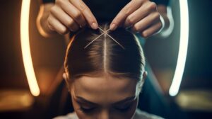 Illustration of the bobby pin criss-cross trick that keeps pins invisible and locks hairstyles all day
