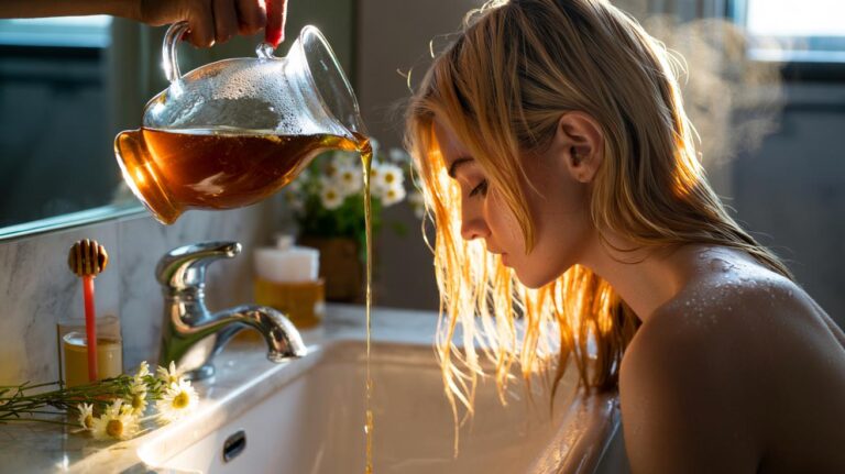 Illustration of a chamomile and honey rinse applied to brassy blonde hair to neutralise orange tones