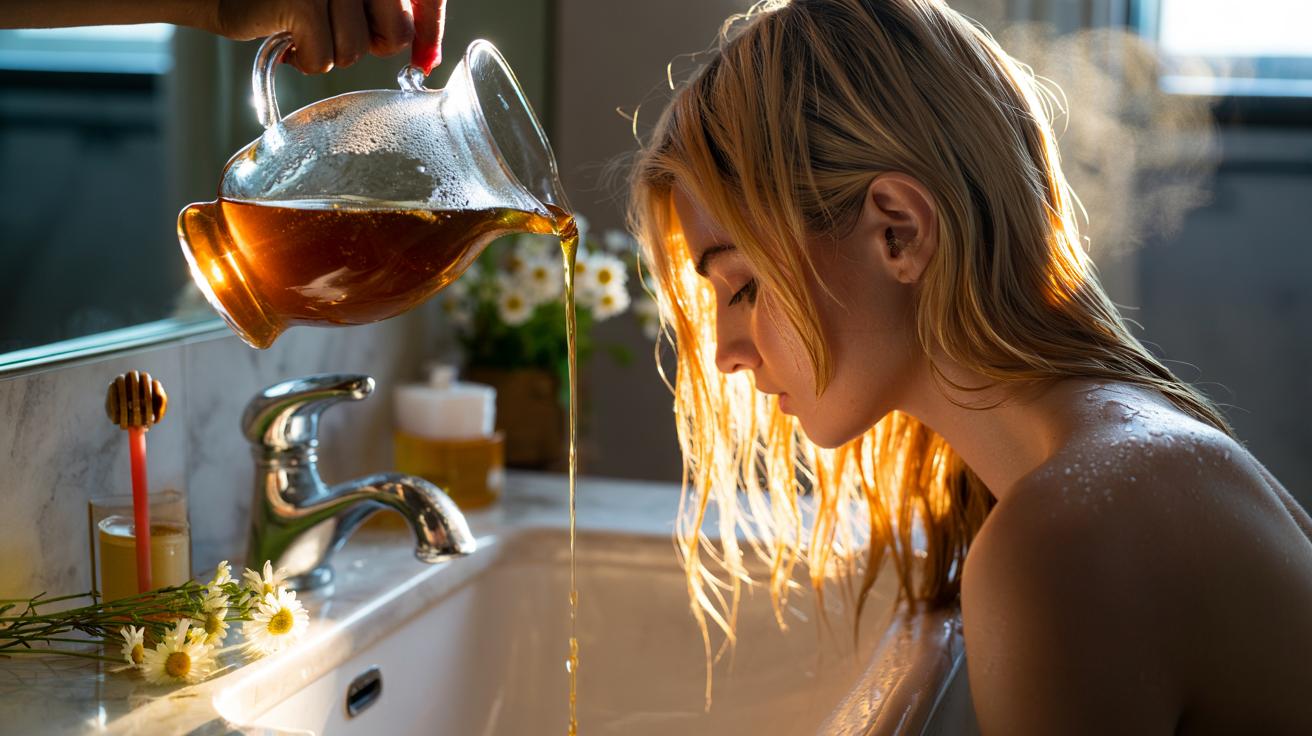 Illustration of a chamomile and honey rinse applied to brassy blonde hair to neutralise orange tones