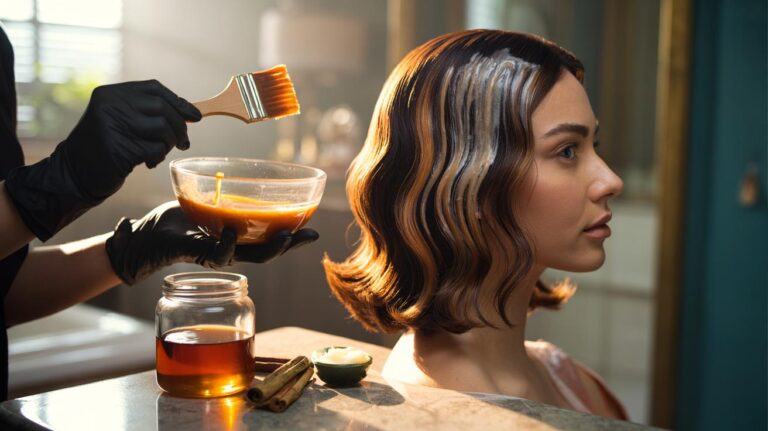 Illustration of a cinnamon and honey pre-lightening hair mask being applied to natural hair to lift colour one shade without bleach