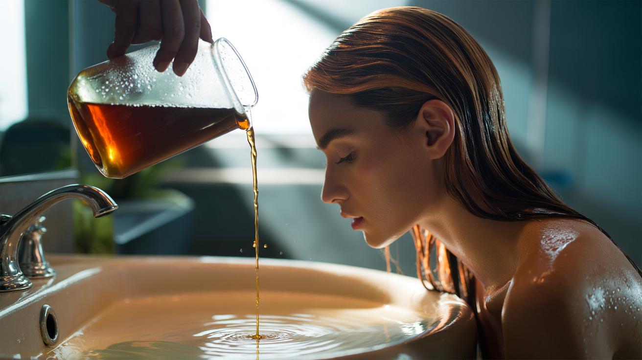 Illustration of a cold tea hair rinse being poured over freshly washed, colour-treated hair to keep colour vibrant for up to eight weeks