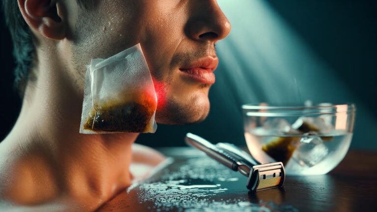Illustration of a cold teabag compress applied to razor-burned skin, with tannins reducing redness
