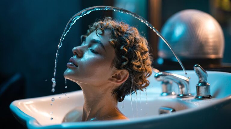 Illustration of a person with curly hair receiving a final cold water rinse to set defined, frizz-free curls