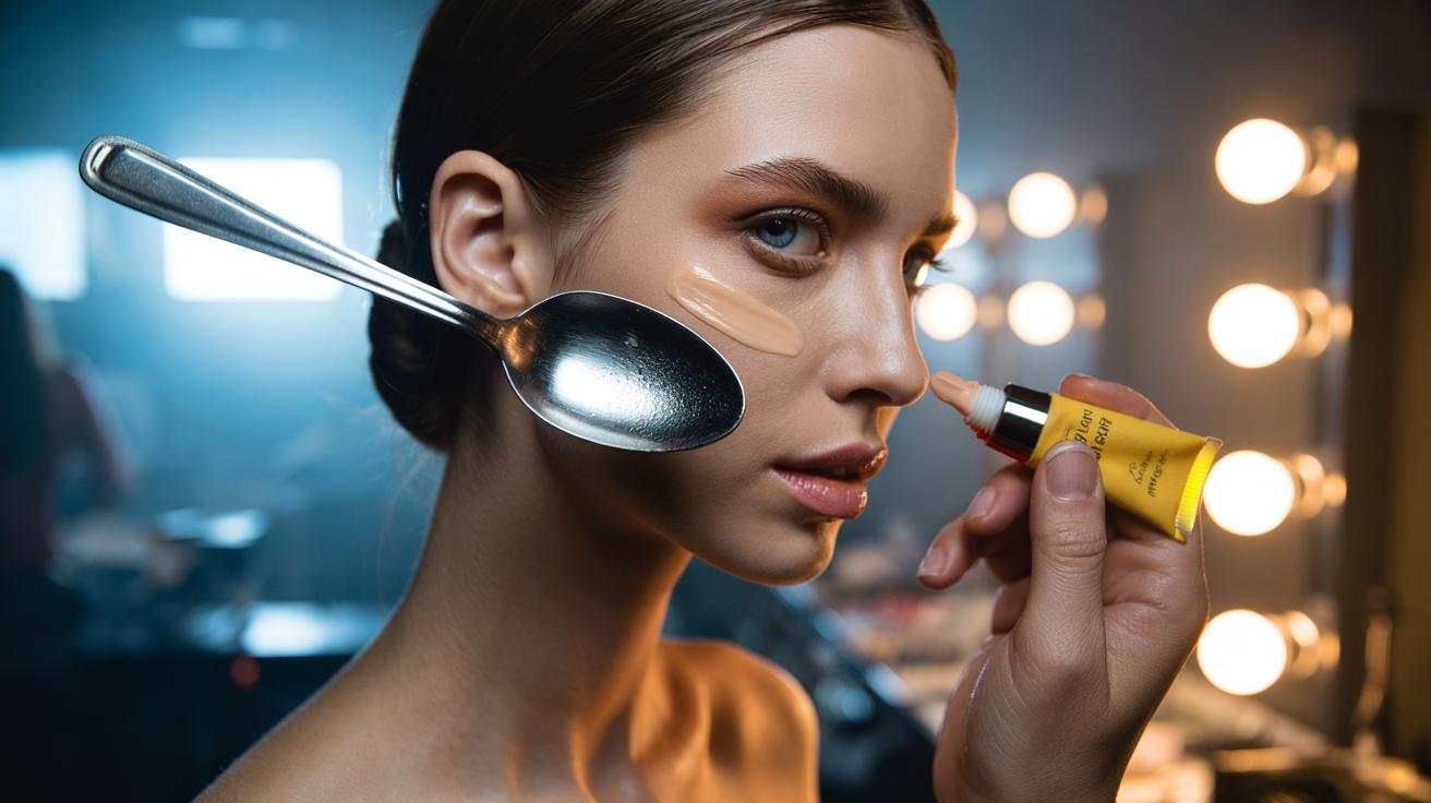 Illustration of a model backstage using a chilled metal spoon on the cheekbone and a small amount of Preparation H to reduce puffiness before a photoshoot