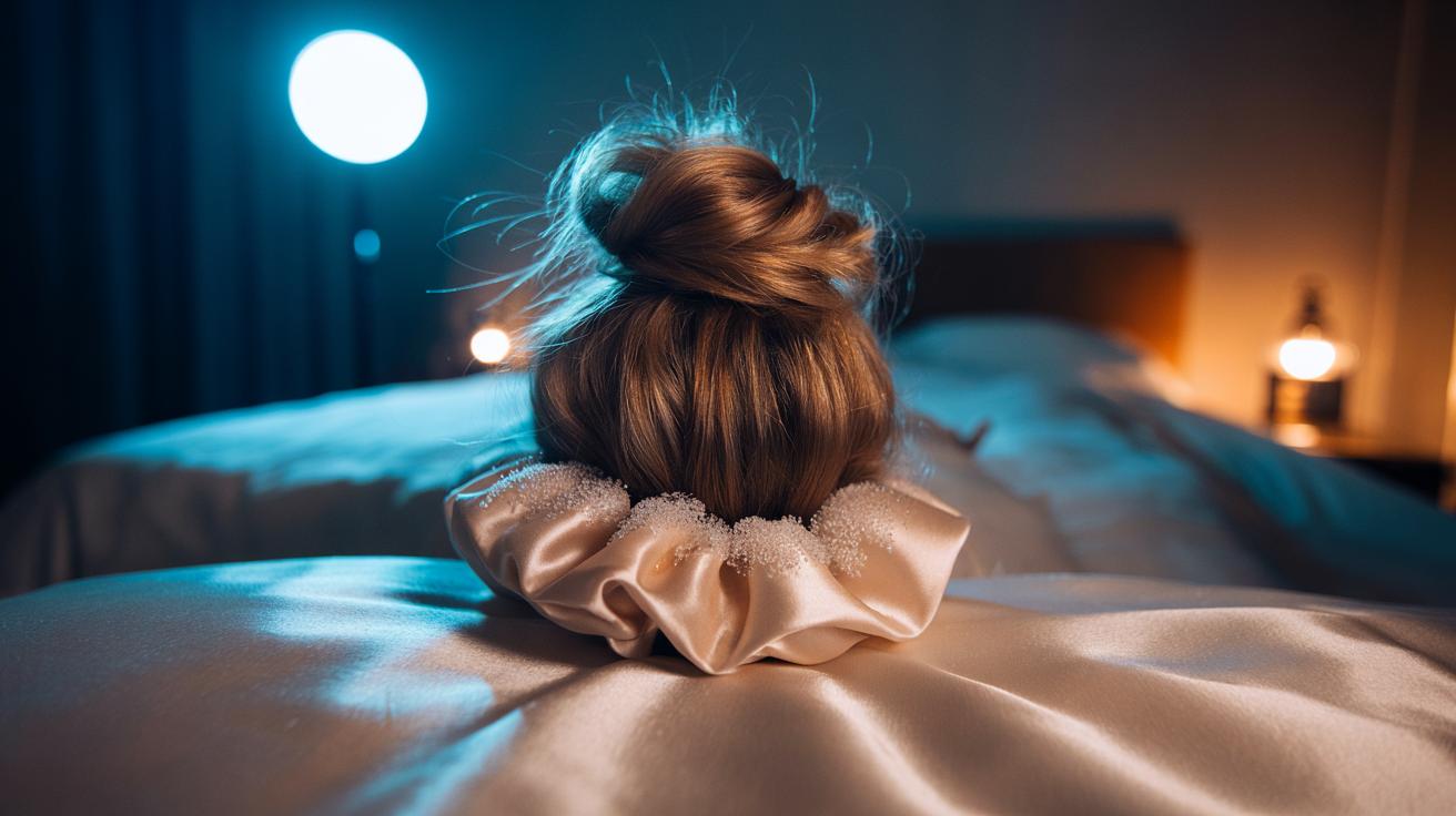 Illustration of a person sleeping with a frozen satin scrunchie securing a loose high bun, cooling the scalp to reduce oil and boost root volume overnight