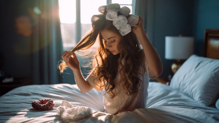 Illustration of hair wrapped around soft socks to create heatless overnight curls