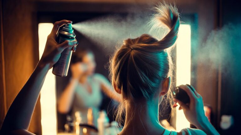 Illustration of a person performing an inverted ponytail while misting flexible-hold hairspray at the crown to create salon-level root lift in 60 seconds