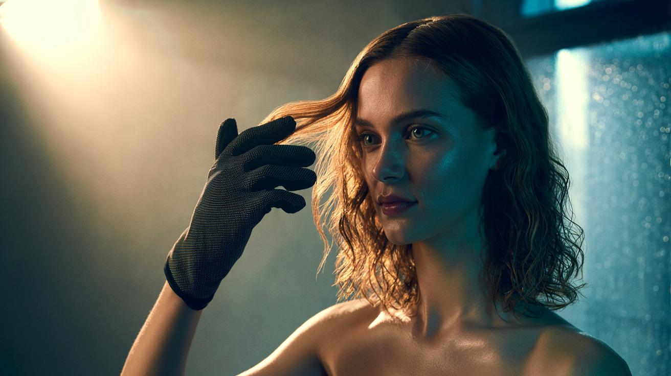 Illustration of a person smoothing frizzy hair with a microfibre glove without any product