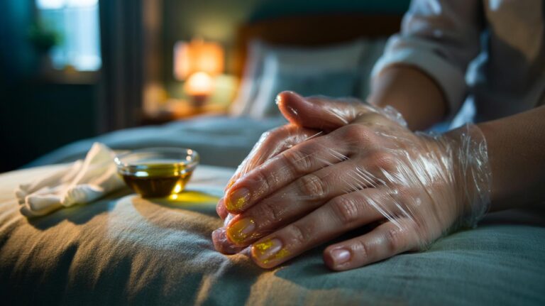 Illustration of hands with fingertips wrapped in cling film after applying olive oil to cuticles for an overnight occlusion treatment