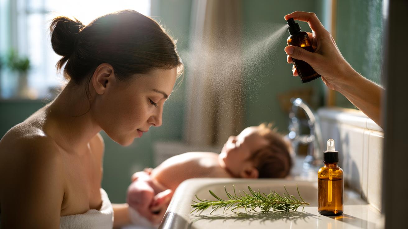 Illustration of a new mother applying a one-drop rosemary oil and water scalp spray to curb postpartum hair loss over two weeks