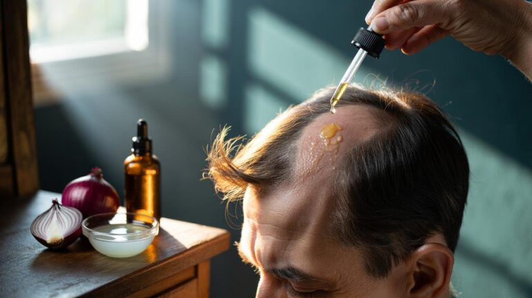 Illustration of applying an onion juice and castor oil mixture to bald spots on the scalp as a weekly treatment