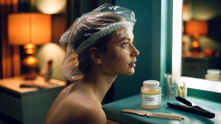 Illustration of an overnight coconut oil and cling film hair wrap designed to repair heat-damaged hair in one session