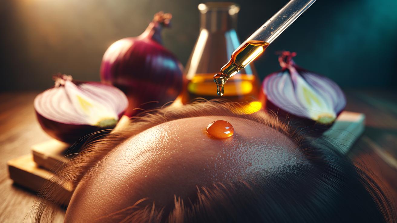 Illustration of raw onion juice being applied to bald patches on the scalp, highlighting sulphur’s role in waking hair follicles