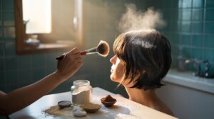 Illustration of a person applying homemade rice flour dry shampoo to hair roots with a makeup brush, with a jar of rice flour and small bowls of arrowroot, kaolin, and cocoa powder on a countertop