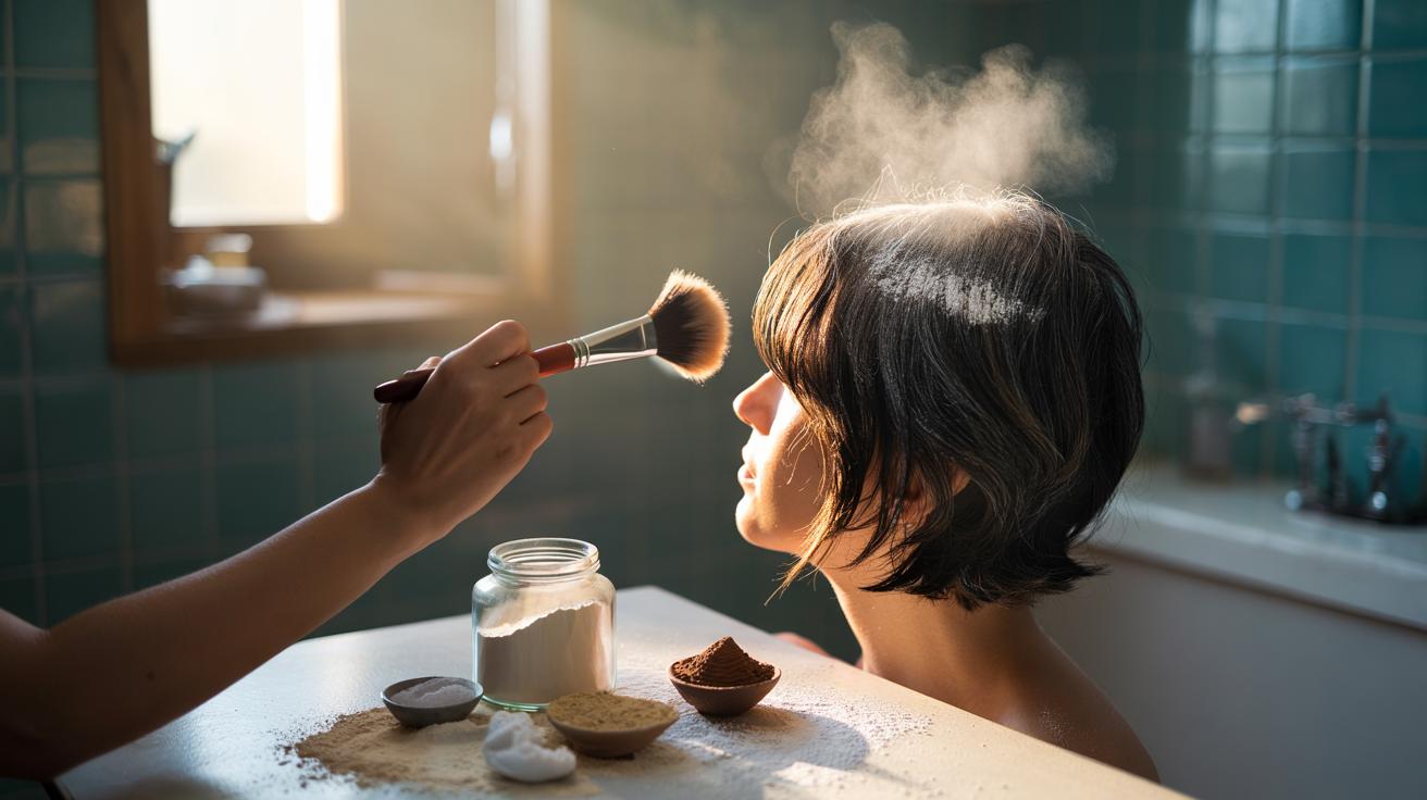Illustration of a person applying homemade rice flour dry shampoo to hair roots with a makeup brush, with a jar of rice flour and small bowls of arrowroot, kaolin, and cocoa powder on a countertop