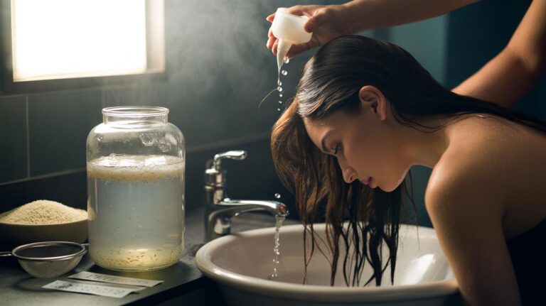 Illustration of fermented rice water being prepared and applied to hair as a rinse to support faster visible growth