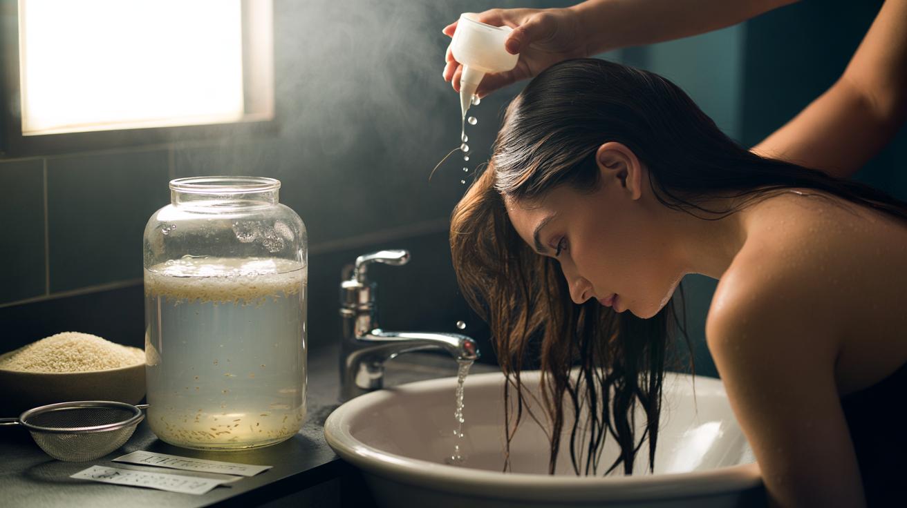 Illustration of fermented rice water being prepared and applied to hair as a rinse to support faster visible growth
