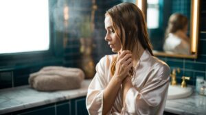 Illustration of using a silk robe sleeve to gently blot and wrap damp hair to prevent frizz