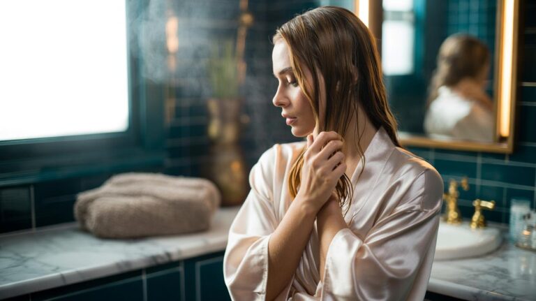 Illustration of using a silk robe sleeve to gently blot and wrap damp hair to prevent frizz