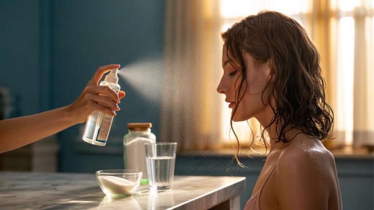 Illustration of a person misting sugar water spray onto damp hair to create soft beach waves