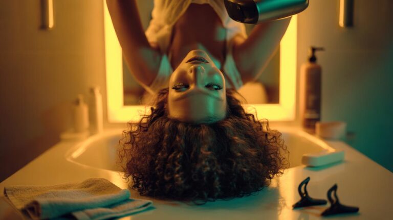 Illustration of a person with curly hair using a diffuser hair dryer while upside down to achieve up to 200% more volume in 10 minutes