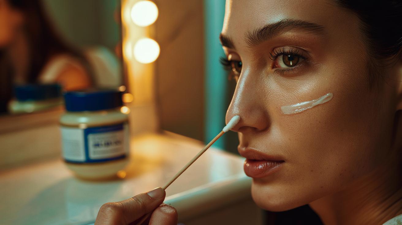 Illustration of a small amount of petroleum jelly applied just inside the nostril to stop foundation caking and keep dry patches smooth.