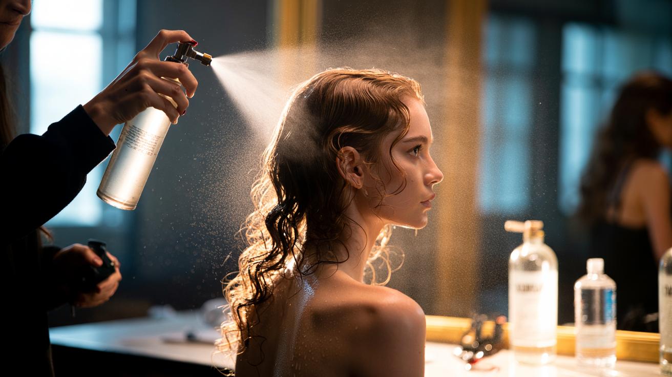 Illustration of a hairstylist misting a model's curls with a vodka-and-water setting spray to resist humidity