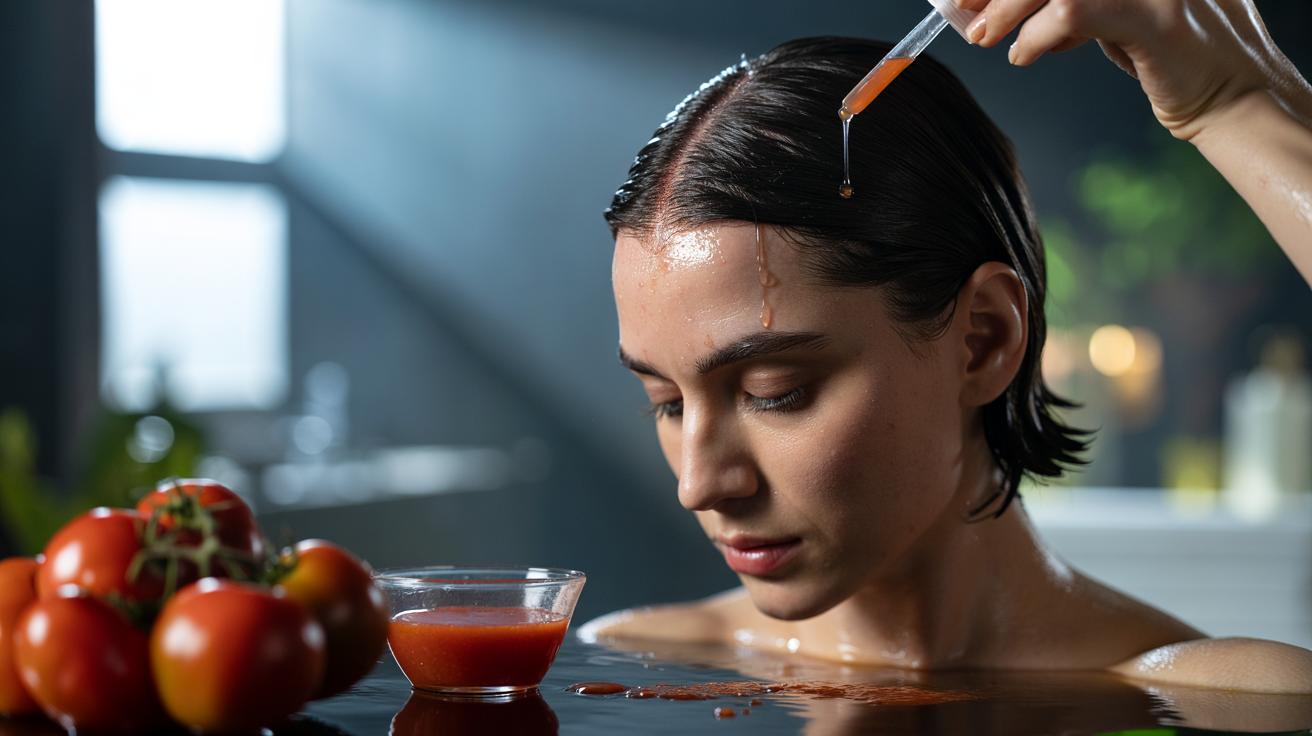 Illustration of a person applying tomato juice to the scalp to control oil using lycopene