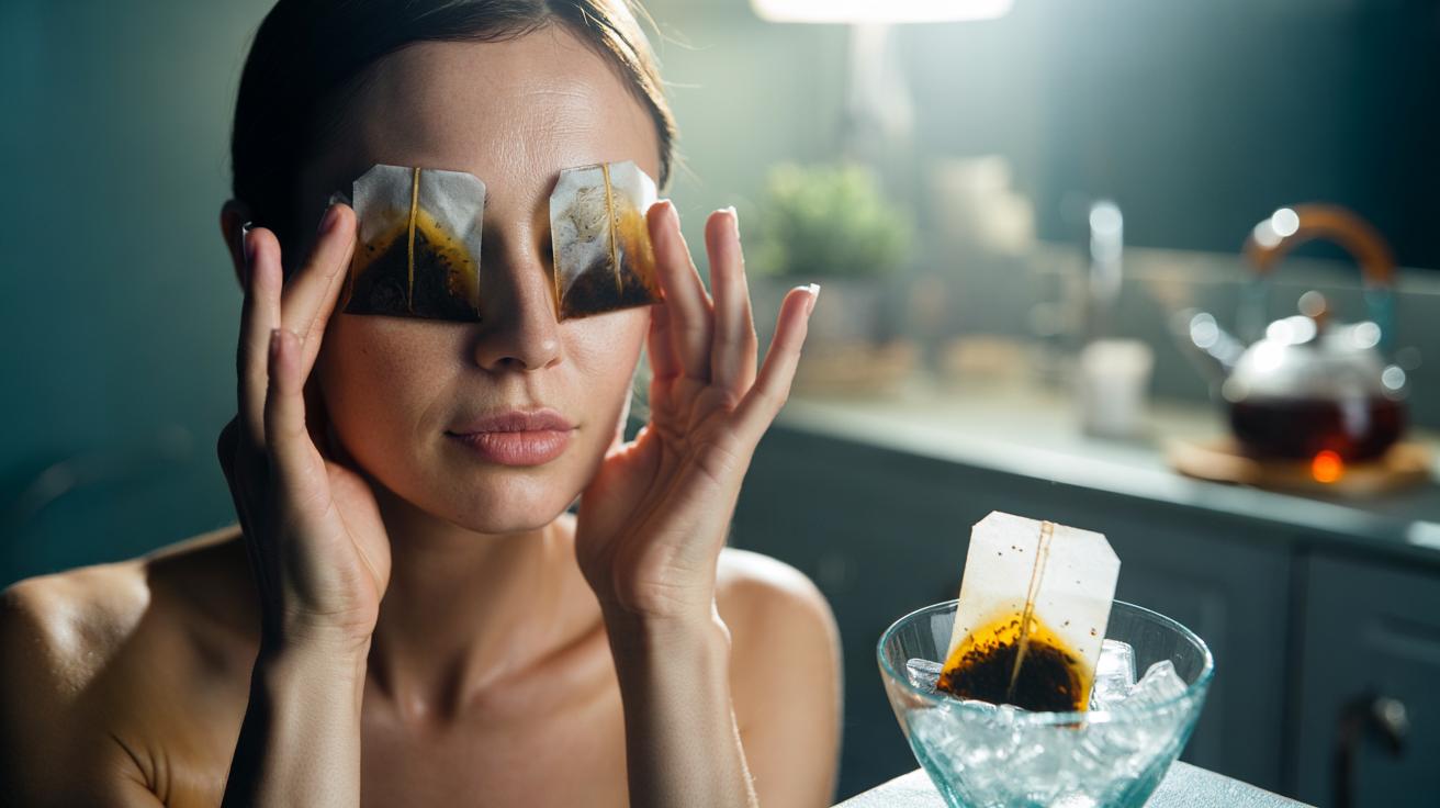 Illustration of a person pressing cooled used tea bags on the under-eye area to reduce puffiness with caffeine