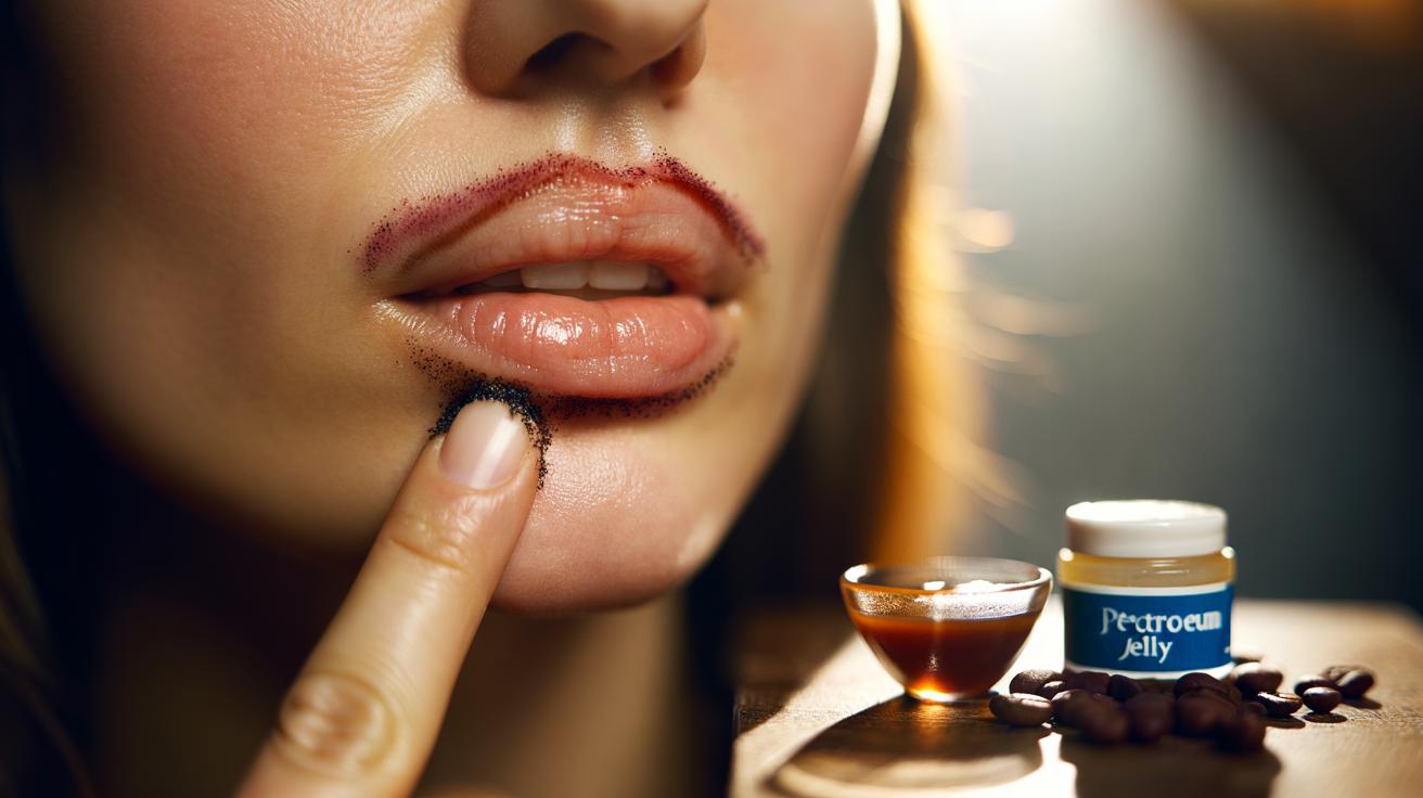 Illustration of a Vaseline and coffee lip scrub being gently massaged onto lips to reduce the appearance of fine lines