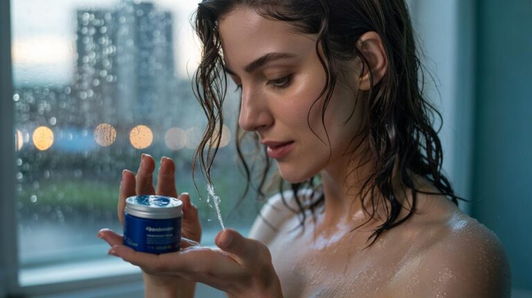 Illustration of hands smoothing a rice-grain amount of Vaseline onto wet hair ends to seal moisture and stop frizz