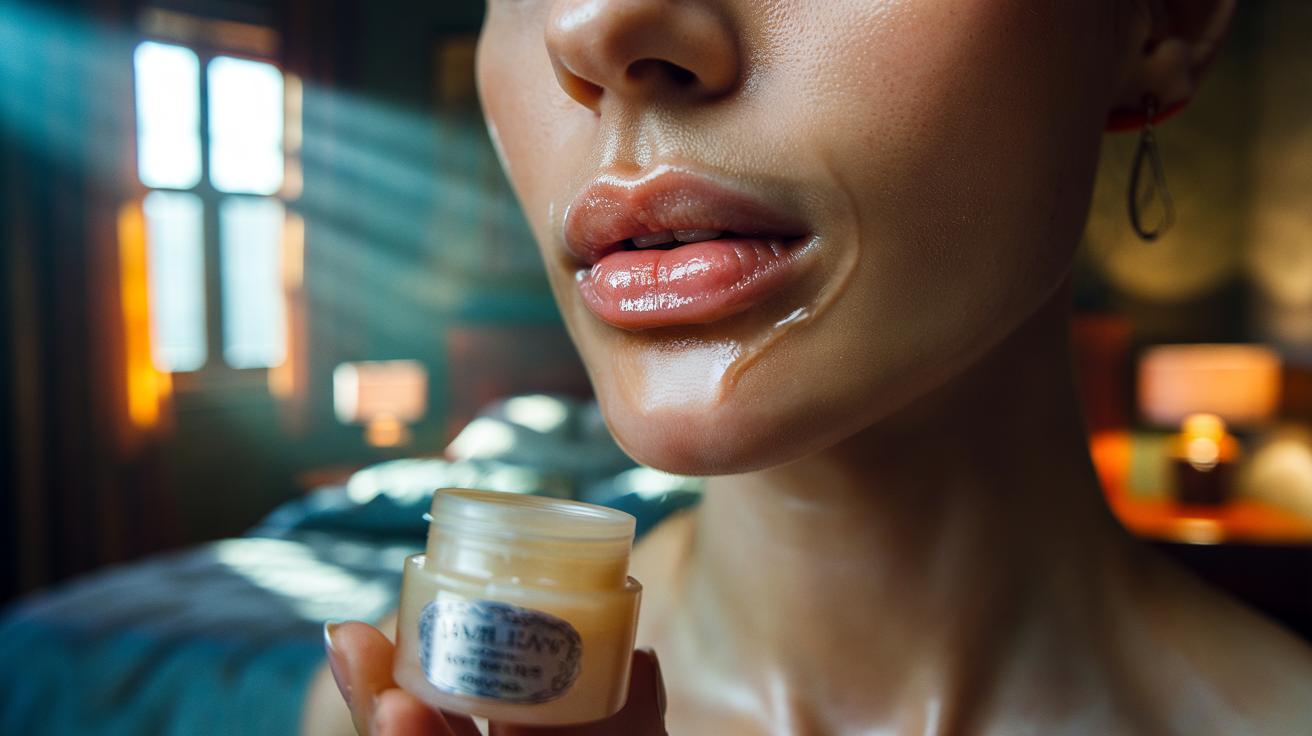 Illustration of overnight Vaseline slugging on lips showing an occlusive petrolatum layer sealing in moisture and producing temporary morning plumpness