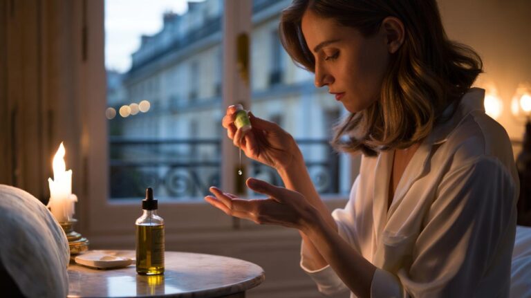 Illustration of a French woman massaging extra-virgin olive oil into her hair ends before bed to prevent split ends