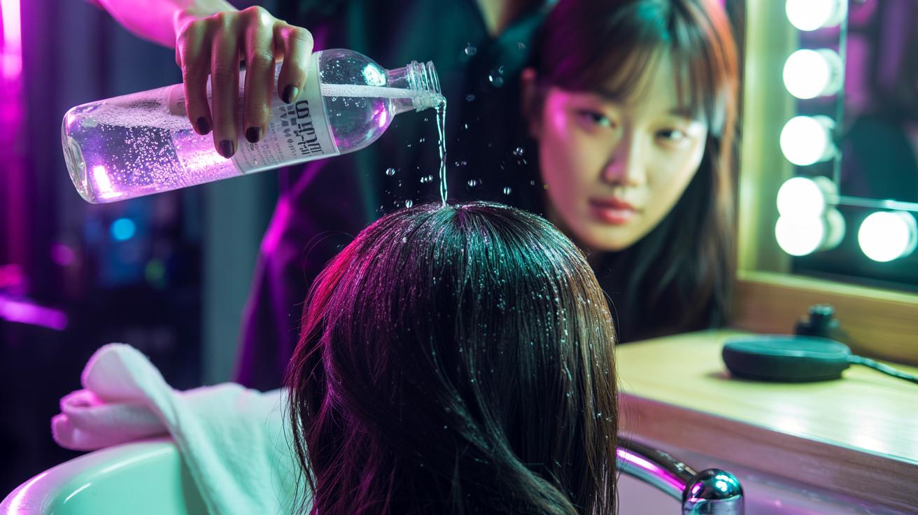 Illustration of a stylist pouring carbonated water over a Korean idol’s hair to achieve instant volume and shine