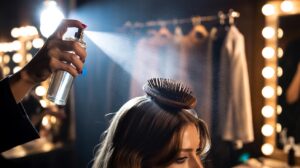 Illustration of a runway stylist spraying perfume onto a hairbrush to provide a 24-hour scent without drying hair