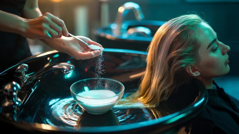 Illustration of a colorist mixing vitamin C powder into shampoo to remove green tones from pool-exposed hair