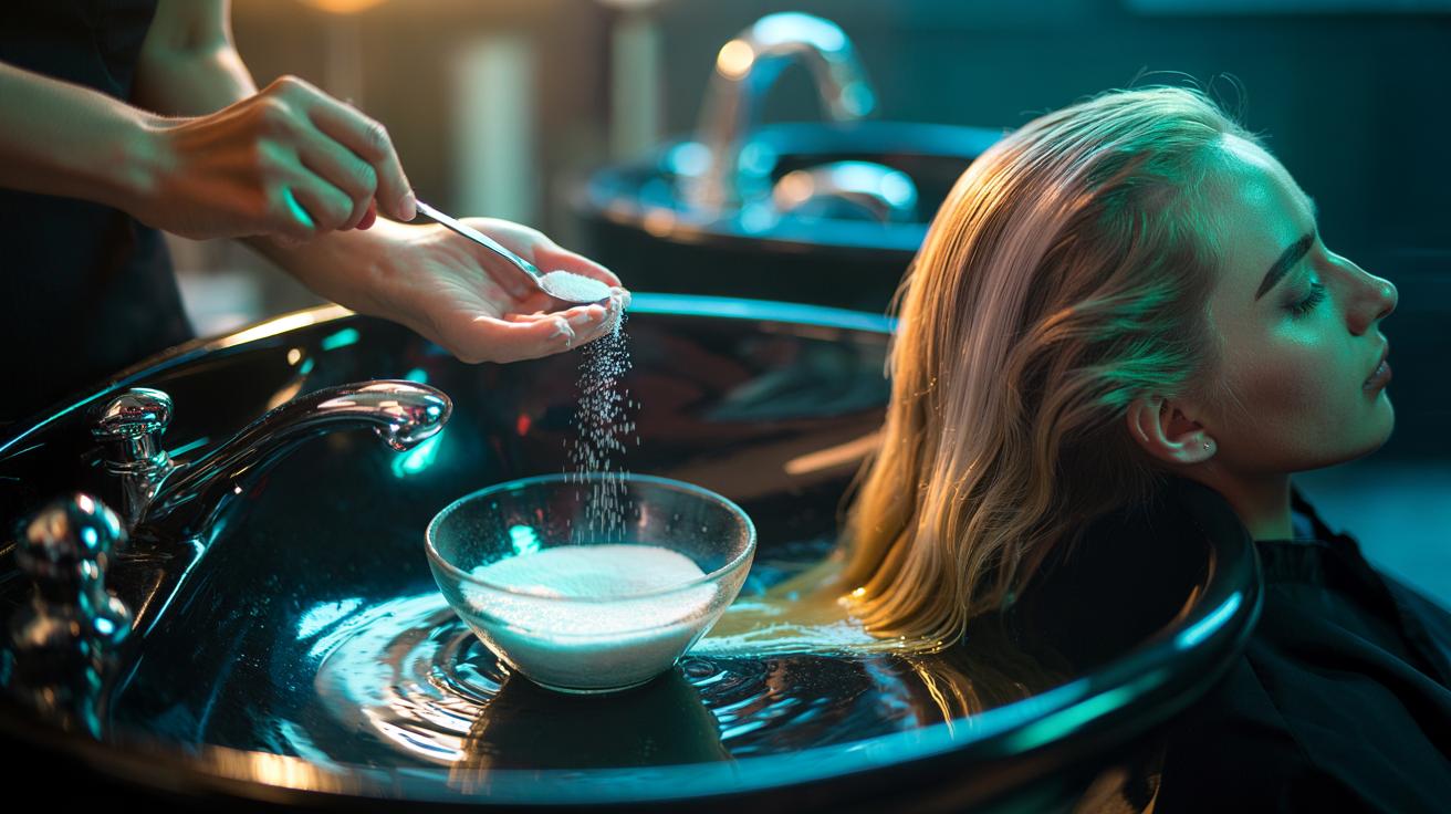Illustration of a colorist mixing vitamin C powder into shampoo to remove green tones from pool-exposed hair